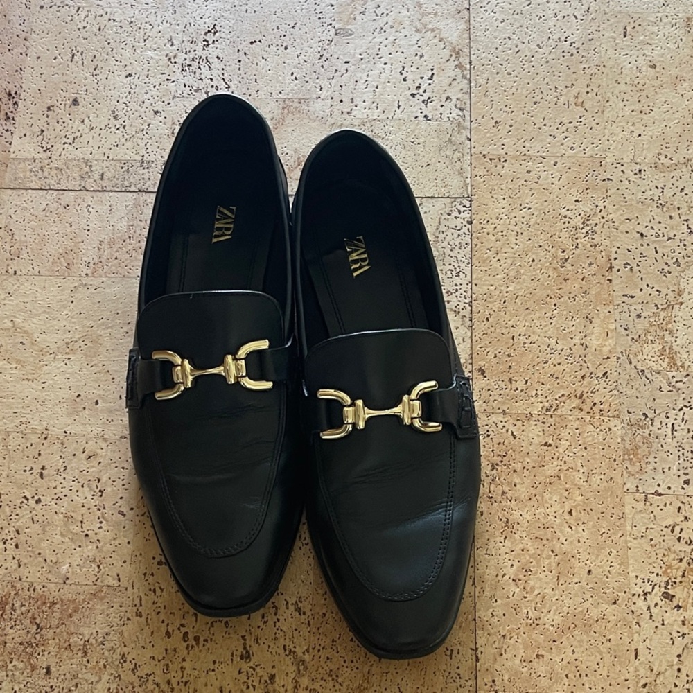 ZARA Black Leather Loafers with Gold Bit Hardware